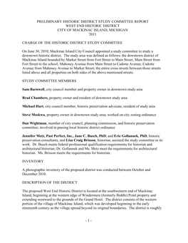 Preliminary Historic District Study Committee Report West End Historic District City of Mackinac Island, Michigan 2011