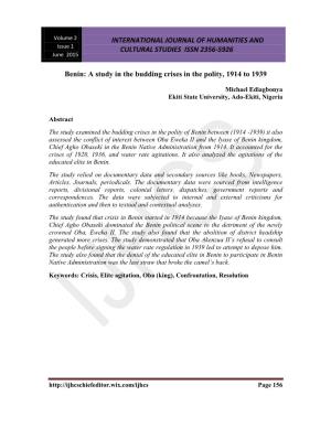 Benin: a Study in the Budding Crises in the Polity, 1914 to 1939