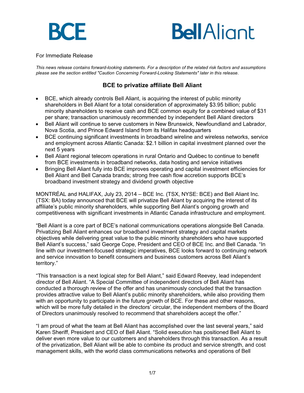 2014 BCE Bell Aliant Privatization Press Release