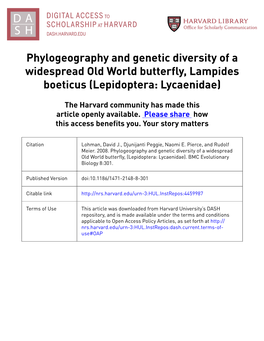 Phylogeography and Genetic Diversity of a Widespread Old World Butterfly, Lampides Boeticus (Lepidoptera: Lycaenidae)