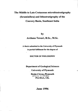 Foraminifera) and Lithostratigraphy of the Cauvery Basin, Southeast India