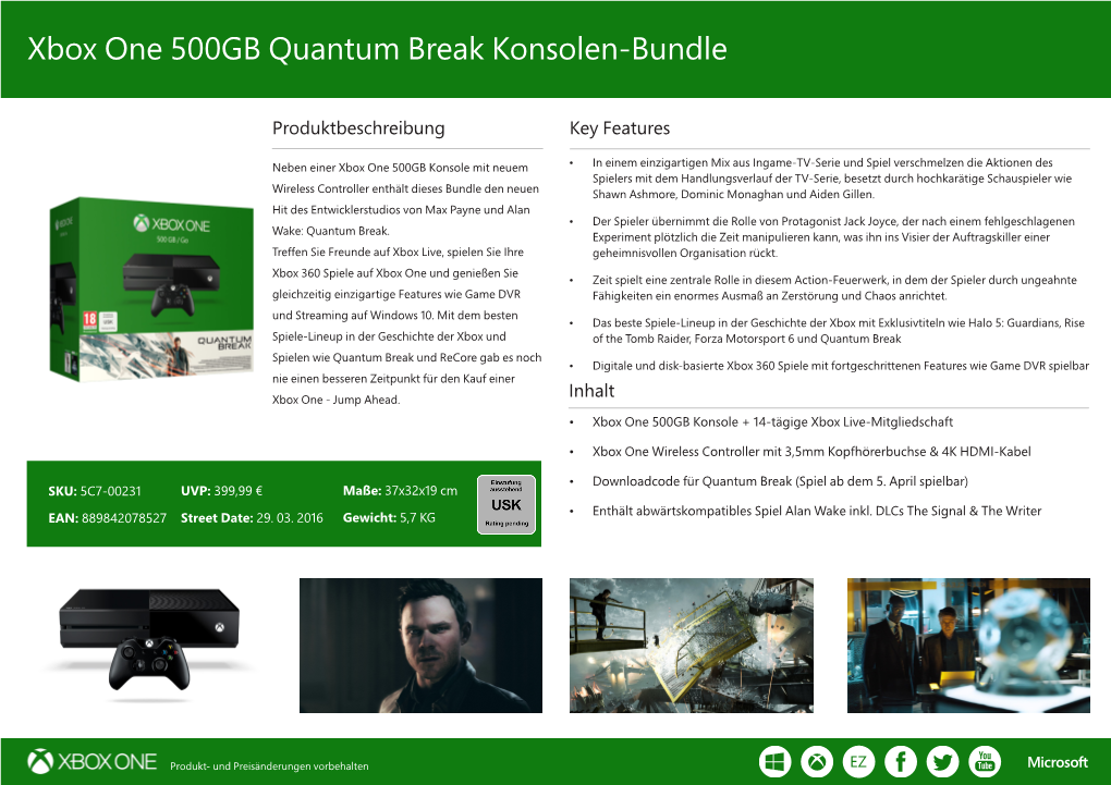 Xbox One 500GB Quantum Break Konsolen-Bundle