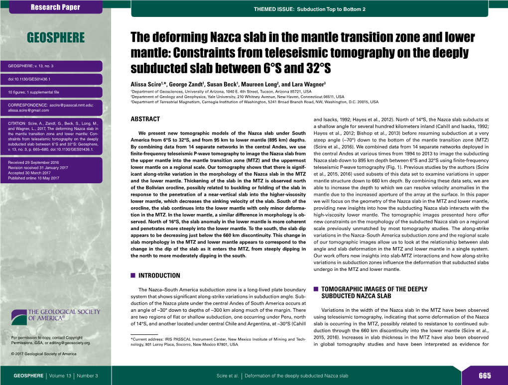 The Deforming Nazca Slab in the Mantle Transition Zone and Lower Mantle: Constraints from Teleseismic Tomography on the Deeply GEOSPHERE; V