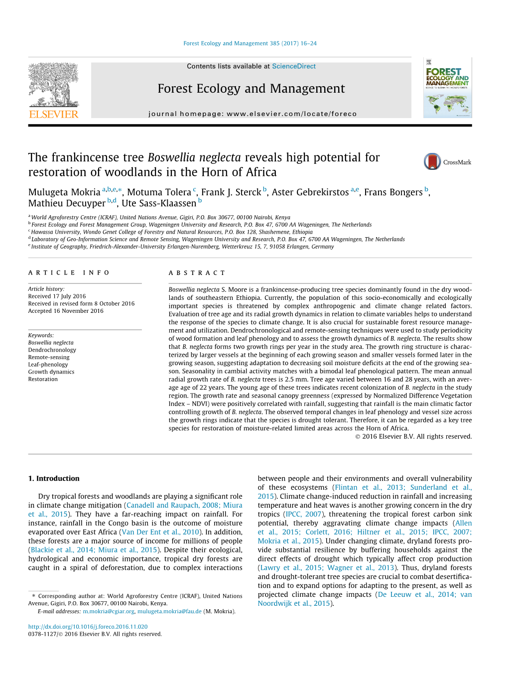 The Frankincense Tree Boswellia Neglecta Reveals High Potential for Restoration of Woodlands in the Horn of Africa