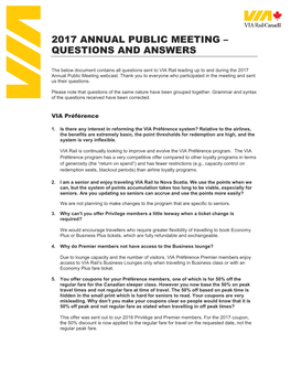 VIA Rail's 2017 ANNUAL PUBLIC MEETING – QUESTIONS and ANSWERS