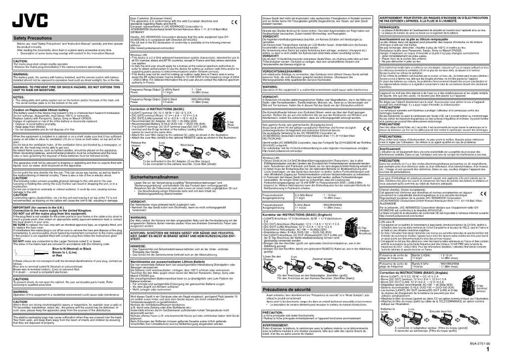 Safety Precautions HC900CHE Is in Compliance with Directive 2014/53/EU