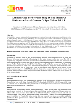 Antidotes Used for Scorpion Sting by the Tribals of Siddeswarm Sacred Grooves of Spsr Nellore DT.A.P