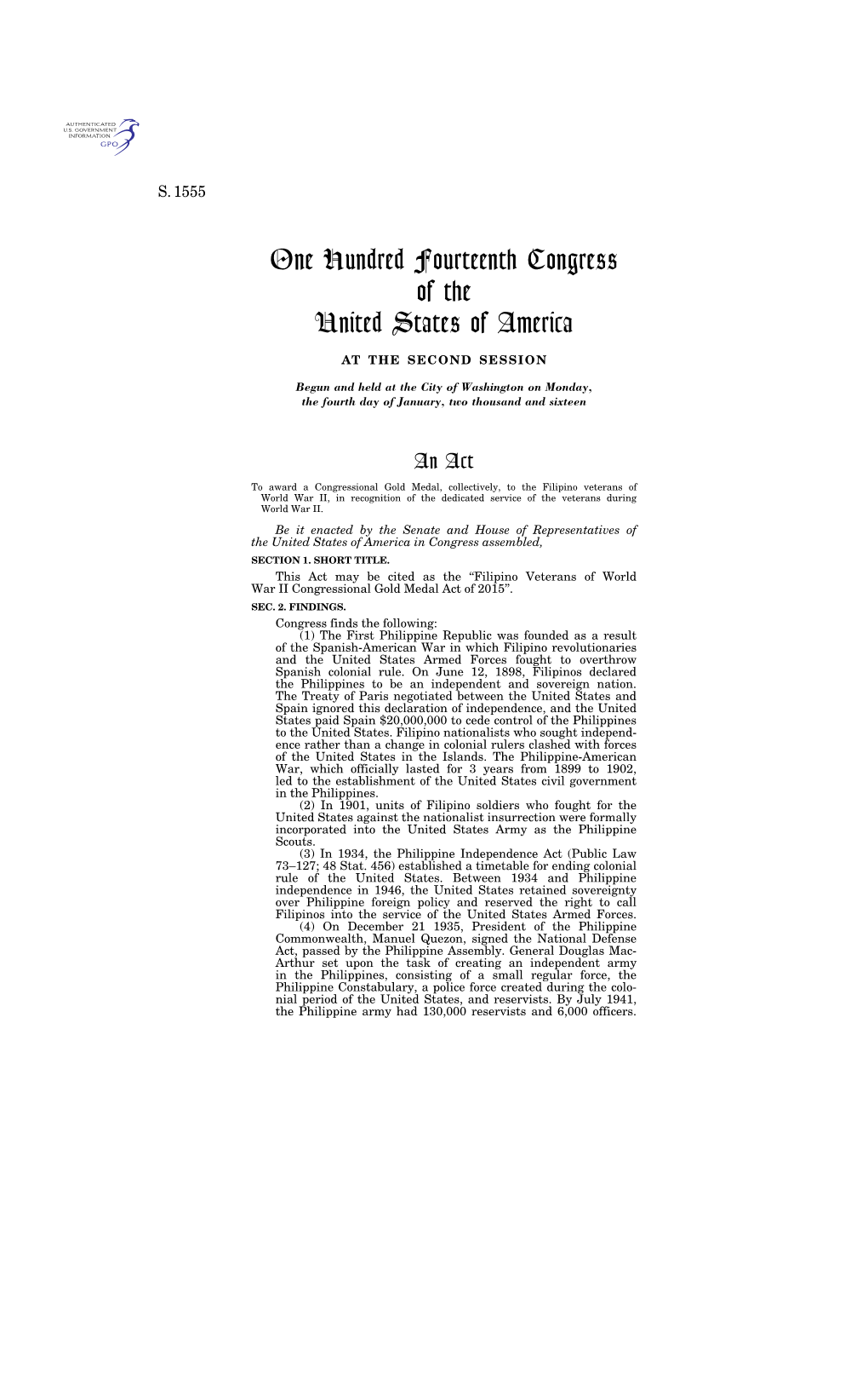 One Hundred Fourteenth Congress of the United States of America