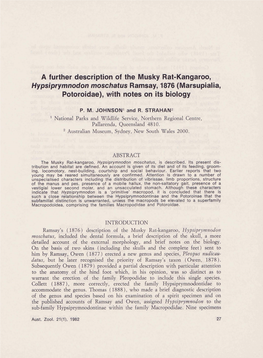 A Further Description of the Musky Rat-Kangaroo, Hypsiprymnodon Moschafus Ramsay, 1876 (Marsupialia, Potoroidae), with Notes on Its Biology