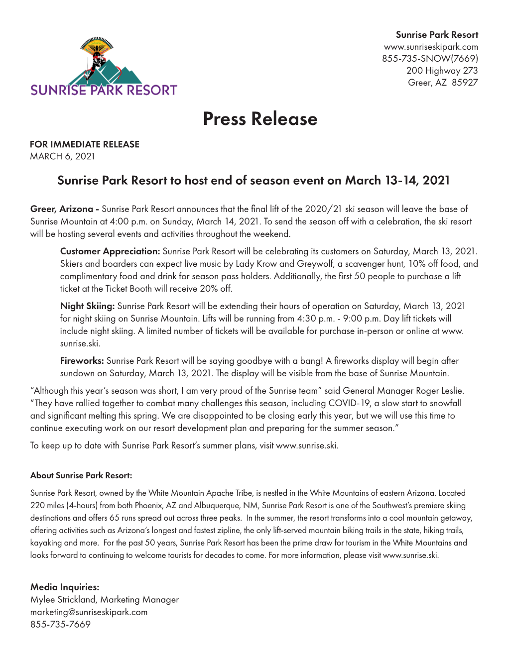 Press Release for IMMEDIATE RELEASE MARCH 6, 2021 Sunrise Park Resort to Host End of Season Event on March 13-14, 2021