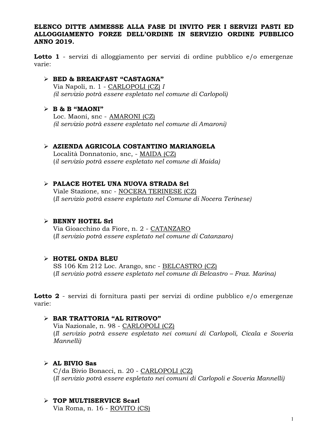 Elenco Ditte Ammesse Alla Fase Di Invito Per I Servizi Pasti Ed Alloggiamento Forze Dell’Ordine in Servizio Ordine Pubblico Anno 2019