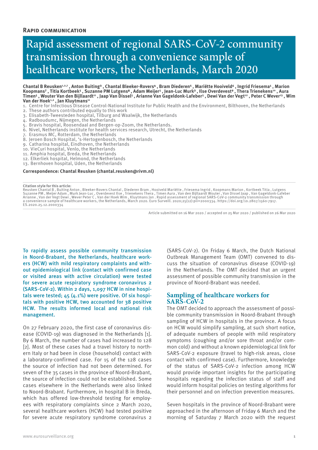 Rapid Assessment of Regional SARS-Cov-2 Community Transmission Through a Convenience Sample of Healthcare Workers, the Netherlands, March 2020