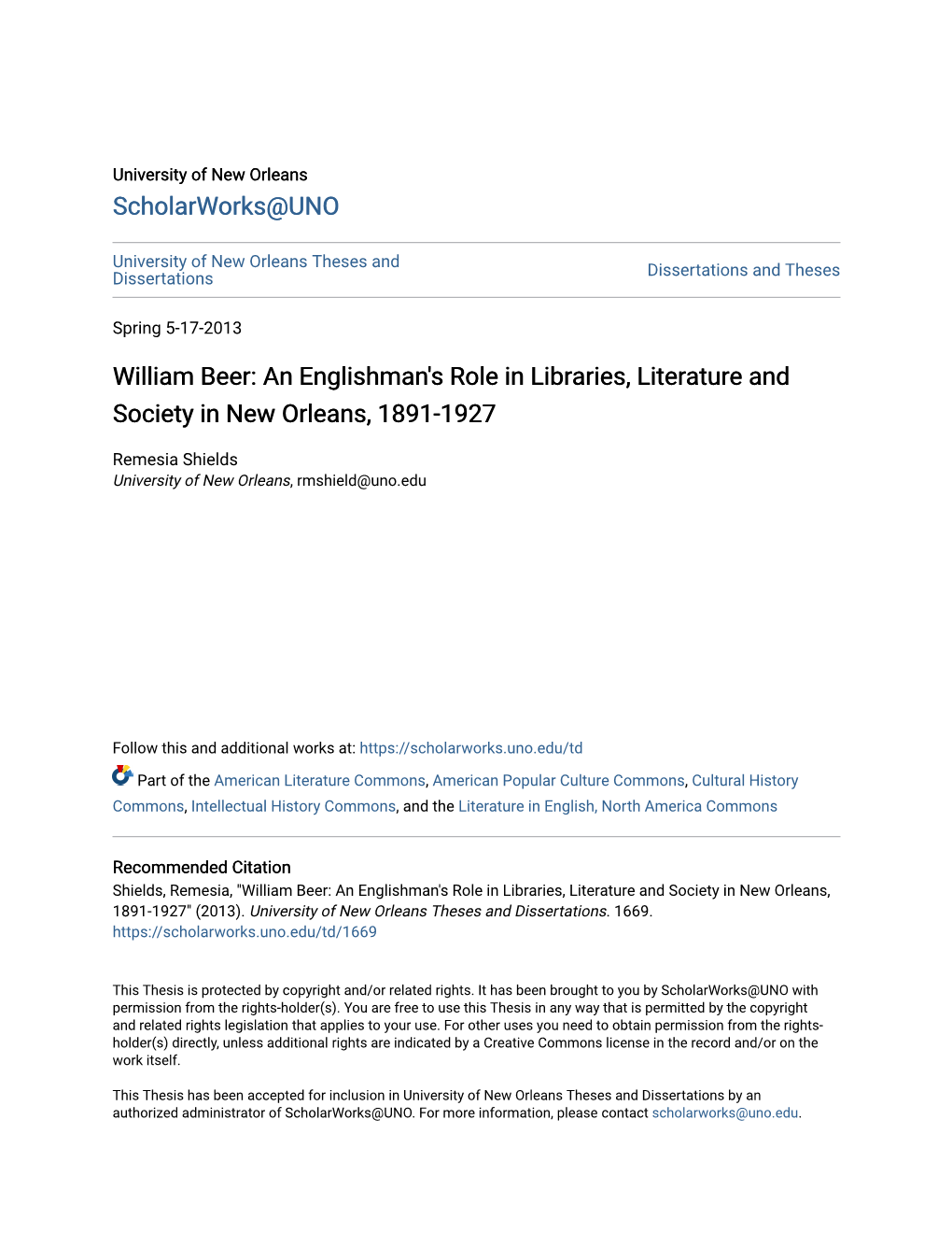 William Beer: an Englishman's Role in Libraries, Literature and Society in New Orleans, 1891-1927