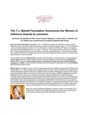 2013 T J Martell Foundation Announces Women of Influence Awards