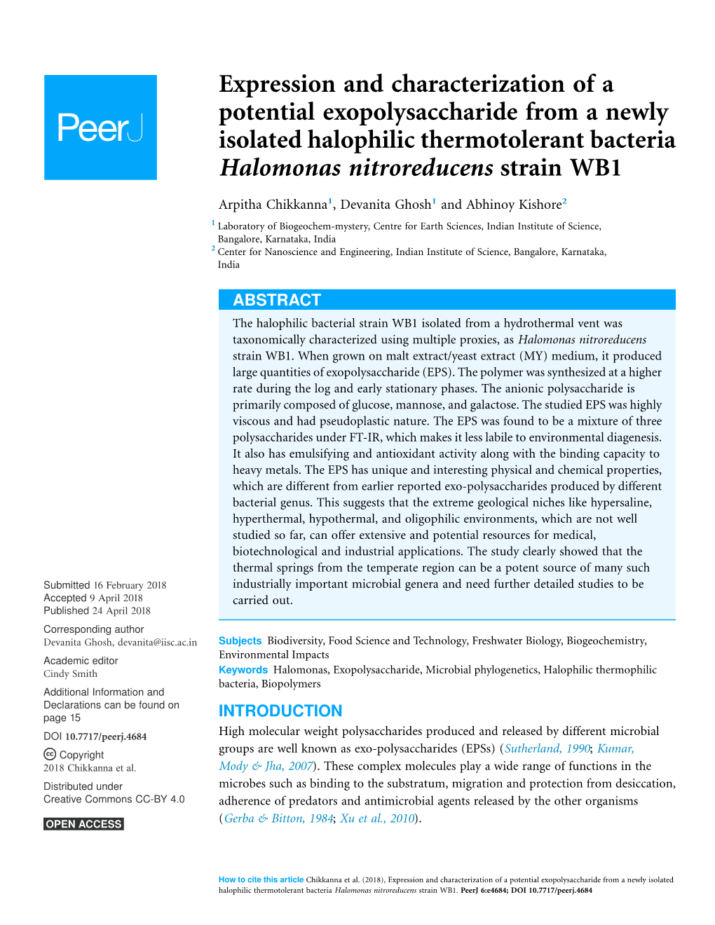 Expression and Characterization of a Potential Exopolysaccharide from a Newly Isolated Halophilic Thermotolerant Bacteria Halomonas Nitroreducens Strain WB1