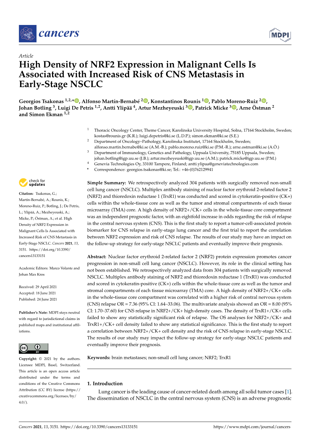 High Density of NRF2 Expression in Malignant Cells Is Associated with Increased Risk of CNS Metastasis in Early-Stage NSCLC