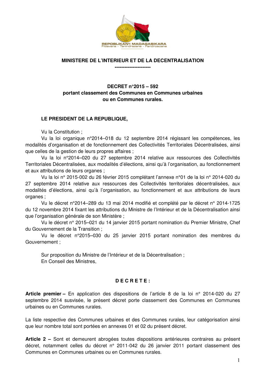 Décret Classement Des Communes Avec Fokontany Consolidé 01-04-15