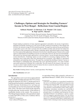 Challenges, Options and Strategies for Doubling Farmers’ Income in West Bengal – Reflections from Coastal Region