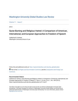 Quran Burning and Religious Hatred: a Comparison of American, International, and European Approaches to Freedom of Speech