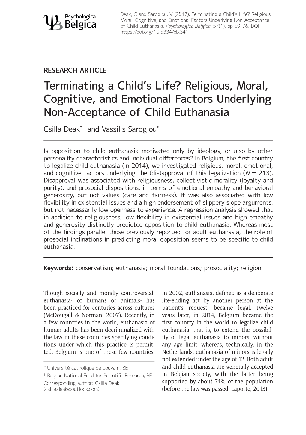 Religious, Moral, Cognitive, and Emotional Factors Underlying Non-Acceptance Ψ %HOJLFD of Child Euthanasia