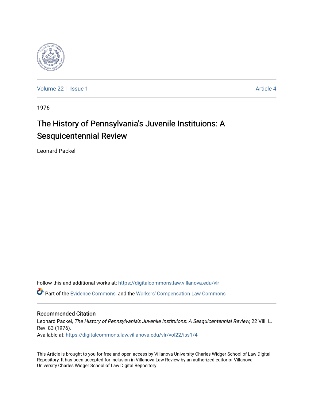 The History of Pennsylvania's Juvenile Instituions: a Sesquicentennial Review