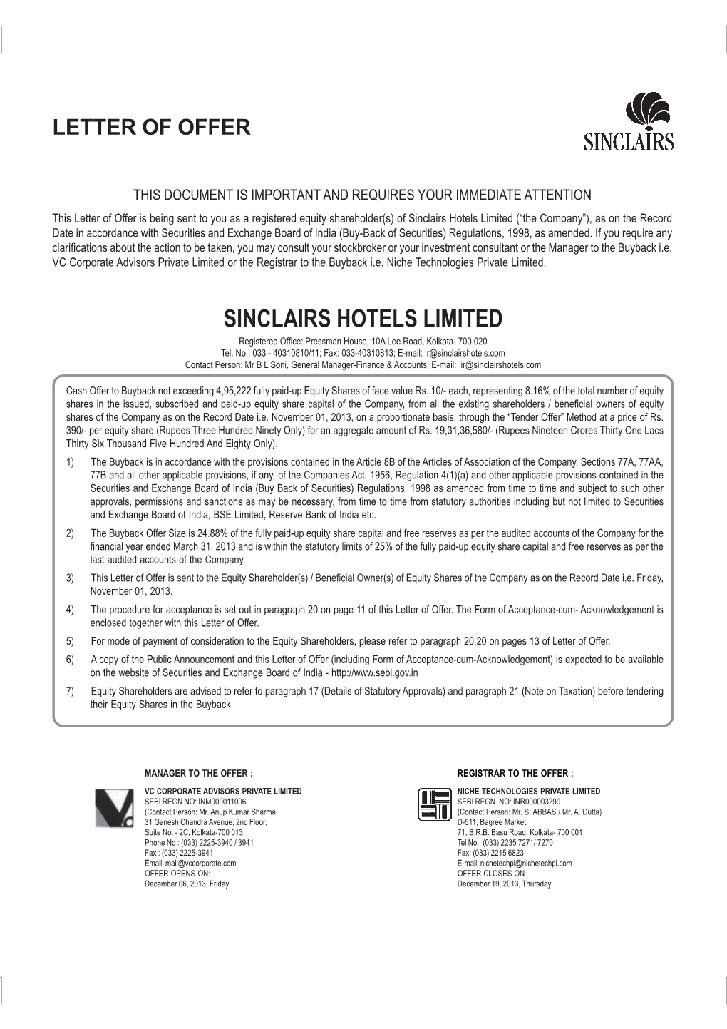 Sinclairs Hotels Limited