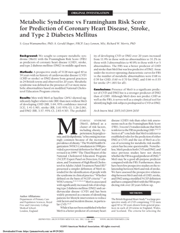 Metabolic Syndrome Vs Framingham Risk Score for Prediction of Coronary Heart Disease, Stroke, and Type 2 Diabetes Mellitus