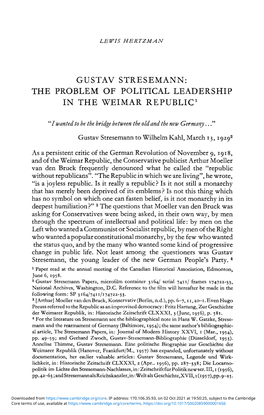 Gustav Stresemann: the Problem of Political Leadership in the Weimar Republic1
