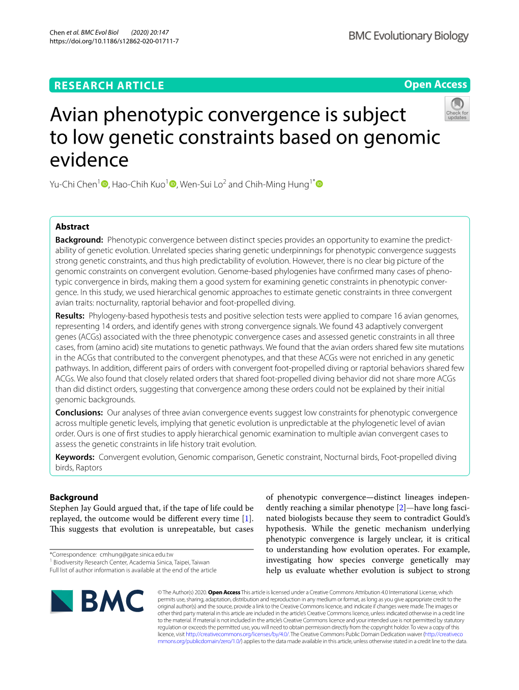 Avian Phenotypic Convergence Is Subject to Low Genetic Constraints Based on Genomic Evidence Yu‑Chi Chen1 , Hao‑Chih Kuo1 , Wen‑Sui Lo2 and Chih‑Ming Hung1*