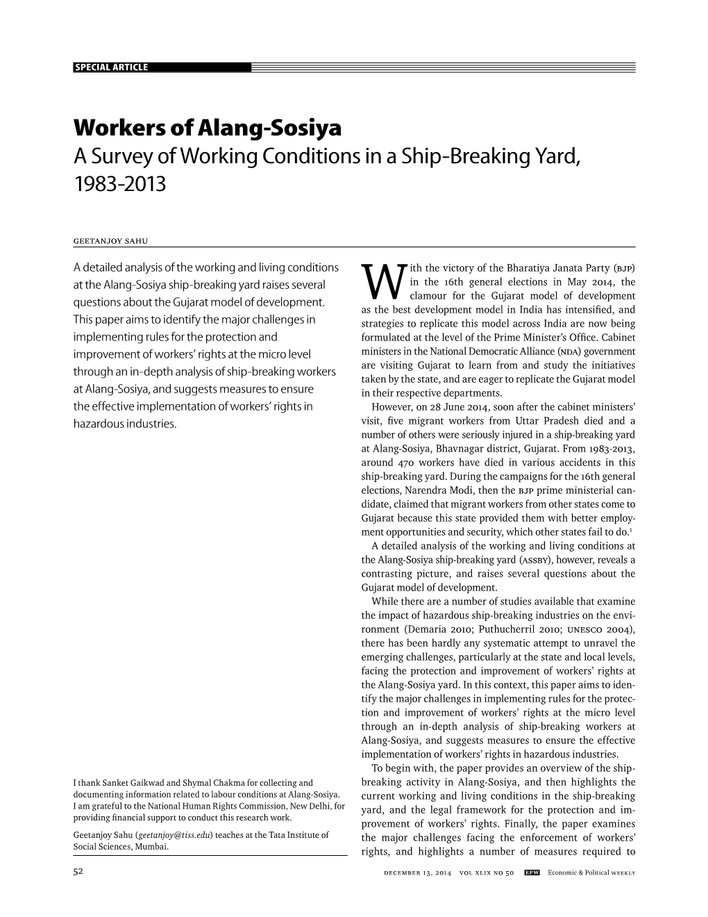 Workers of Alang-Sosiya a Survey of Working Conditions in a Ship-Breaking Yard, 1983-2013