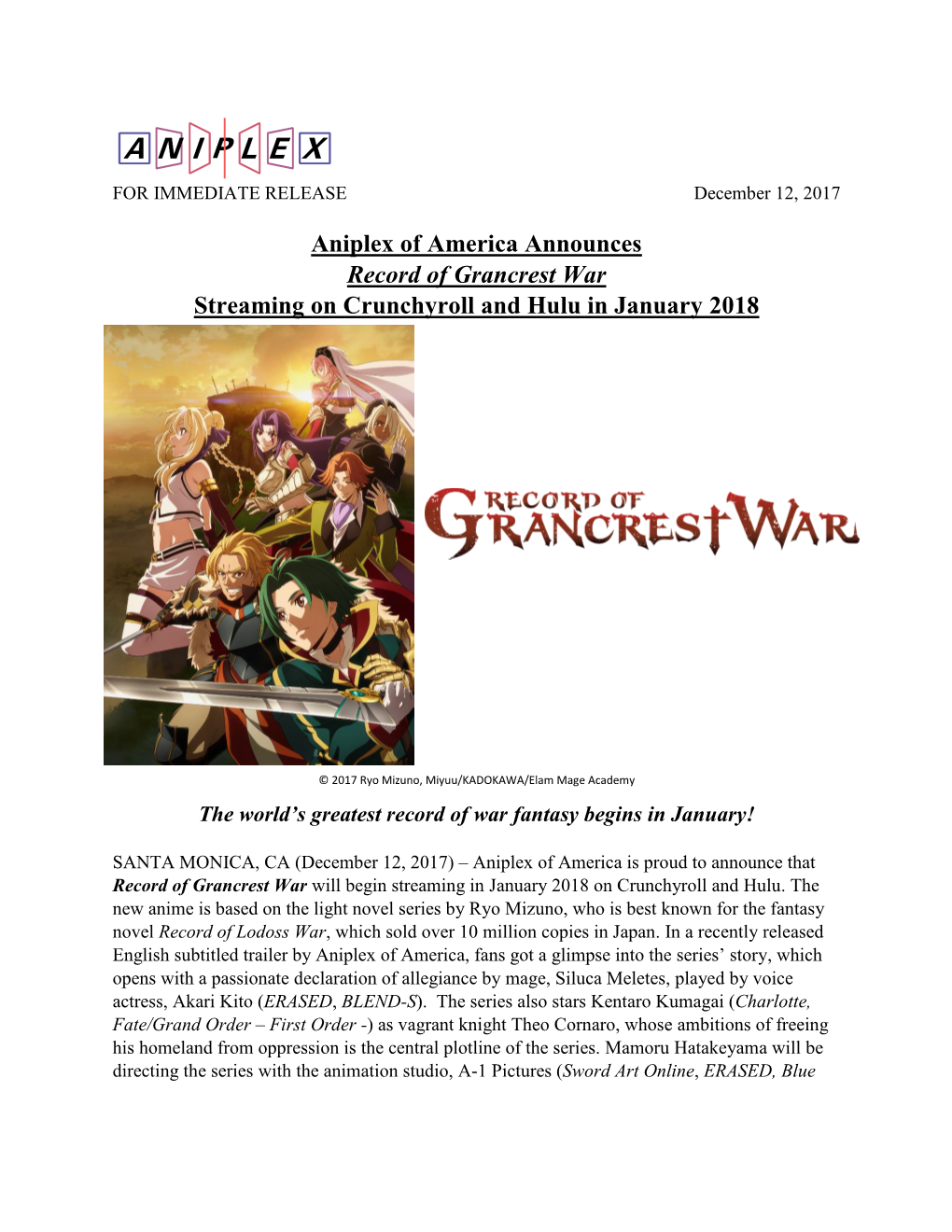 Aniplex of America Announces Record of Grancrest War Streaming on Crunchyroll and Hulu in January 2018