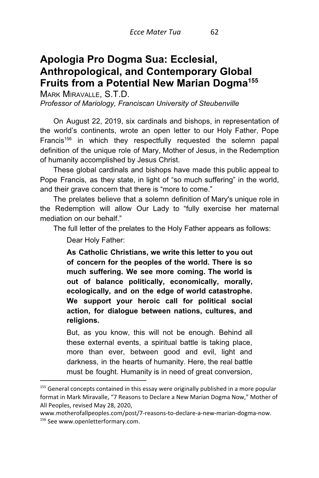 Apologia Pro Dogma Sua: Ecclesial, Anthropological, and Contemporary Global Fruits from a Potential New Marian Dogma155 ​ MARK MIRAVALLE, S.T.D