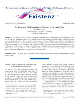 Cultural and Anthropological Patterns in the Axial Age Markus Wirtz University of Cologne, Germany Mwirtz@Uni-Koeln.De