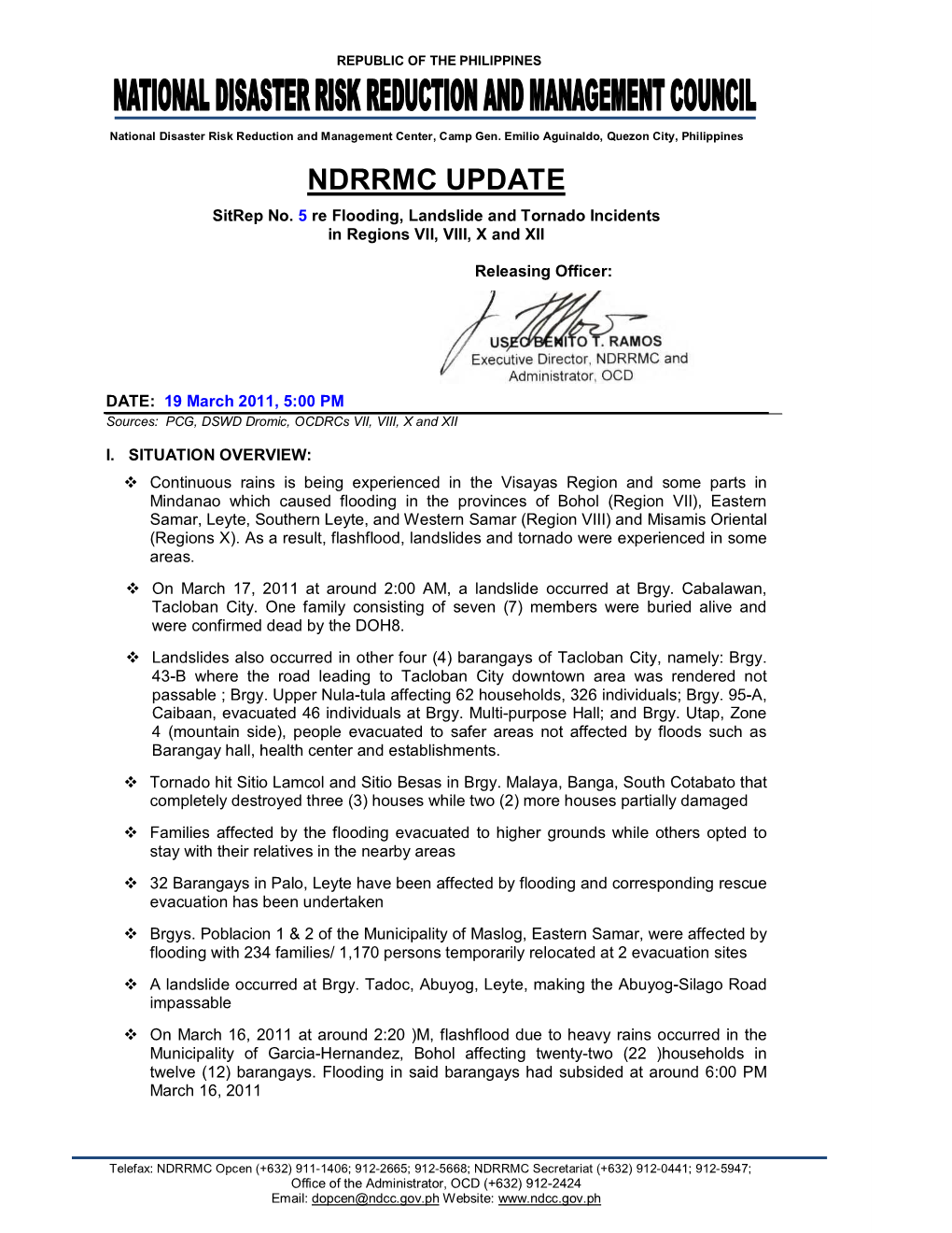 NDRRMC Update Sitrep No. 5 As of 19 March 2011
