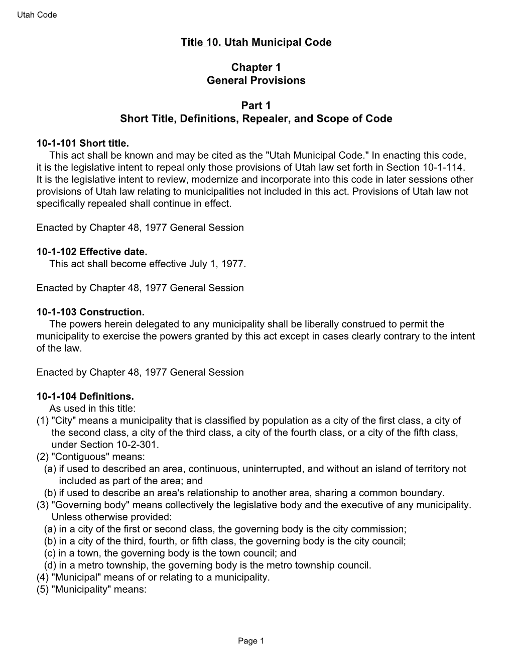 Title 10. Utah Municipal Code Chapter 1 General Provisions Part 1 Short