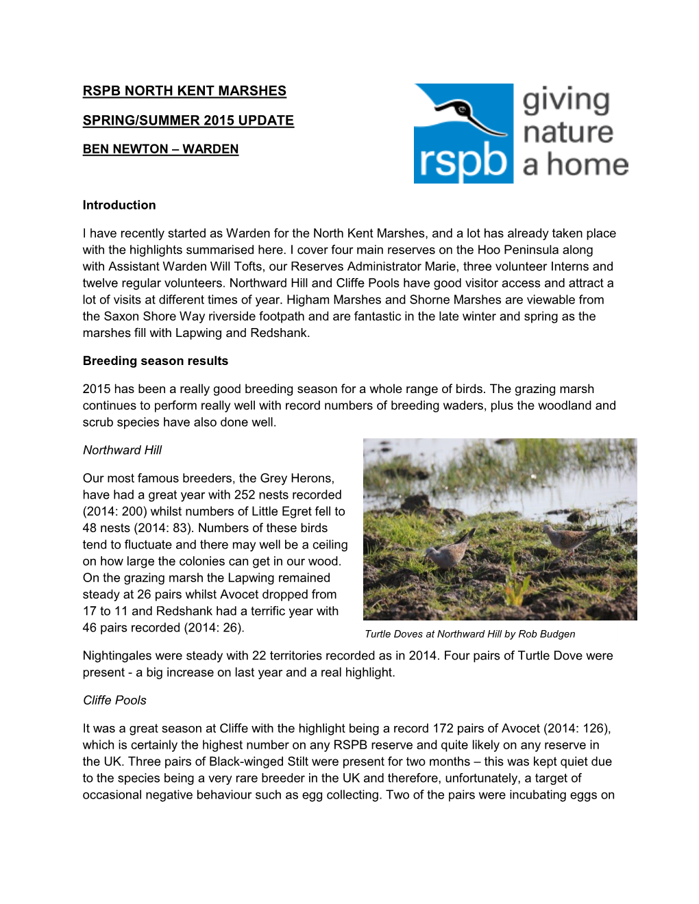 Rspb North Kent Marshes Spring/Summer 2015 Update