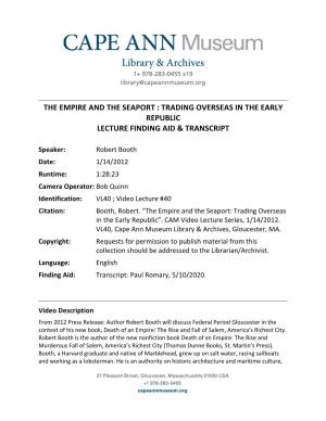 Trading Overseas in the Early Republic Lecture Finding Aid & Transcript