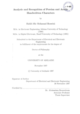 Analysis and Recognition of Persian and Arabic Handwritten Characters