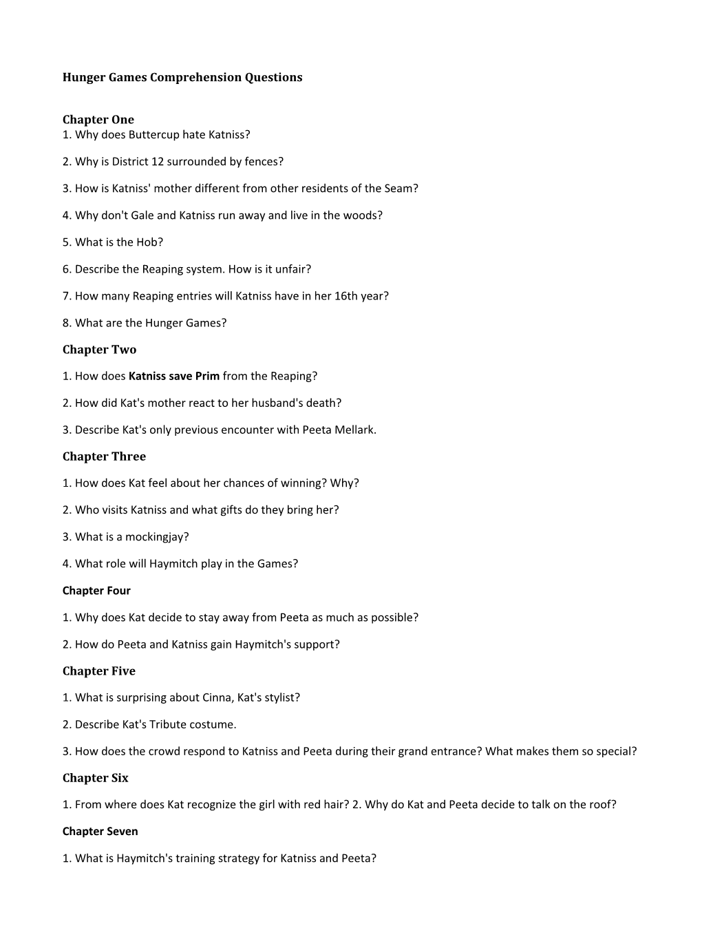 Hunger Games Comprehension Questions