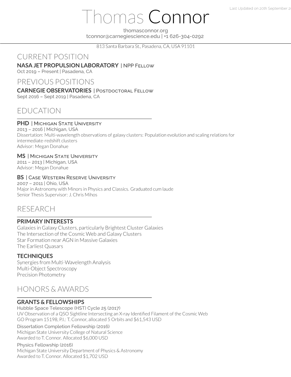 Thomas Connor Last Updated on 20Th September 2019 Thomasconnor.Org Tconnor@Carnegiescience.Edu | +1 626-304-0292