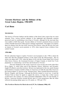 Toronto Harbour and the Defence of the Great Lakes Region, 1783-1870