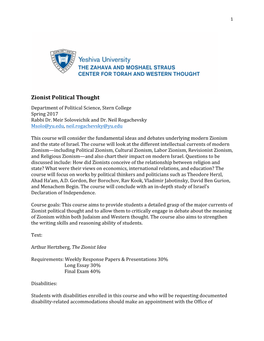 Zionist Political Thought Department of Political Science, Stern College Spring 2017 Rabbi Dr