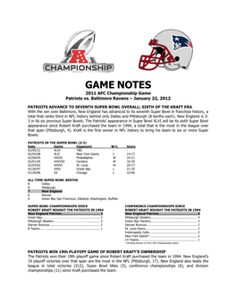 GAME NOTES 2011 AFC Championship Game Patriots Vs