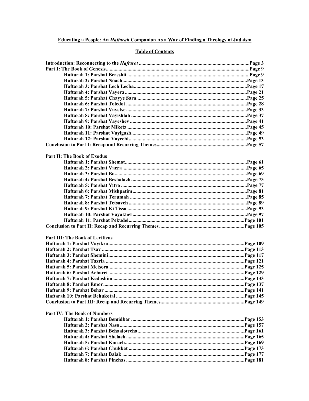 An Haftarah Companion As a Way of Finding a Theology of Judaism Table of Contents Introduction