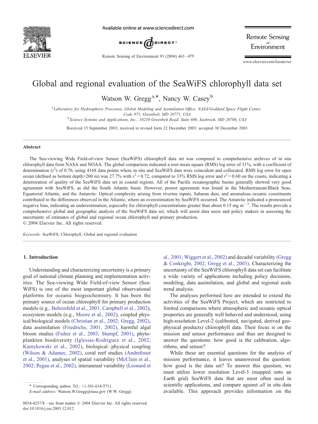 Global and Regional Evaluation of the Seawifs Chlorophyll Data Set