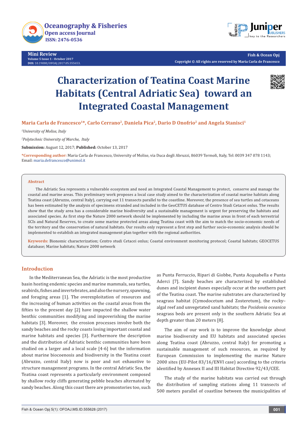 Characterization of Teatina Coast Marine Habitats (Central Adriatic Sea) Toward an Integrated Coastal Management