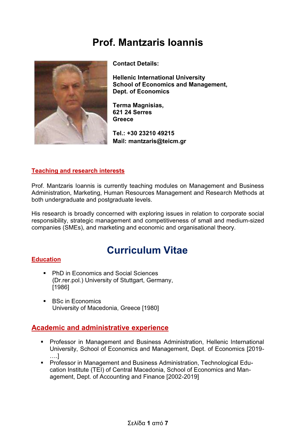 Prof. Mantzaris Ioannis Curriculum Vitae