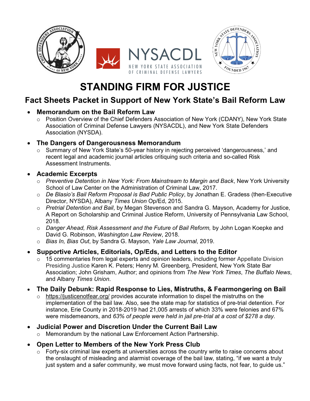 Fact Sheets Packet in Support of New York State's Bail Reform