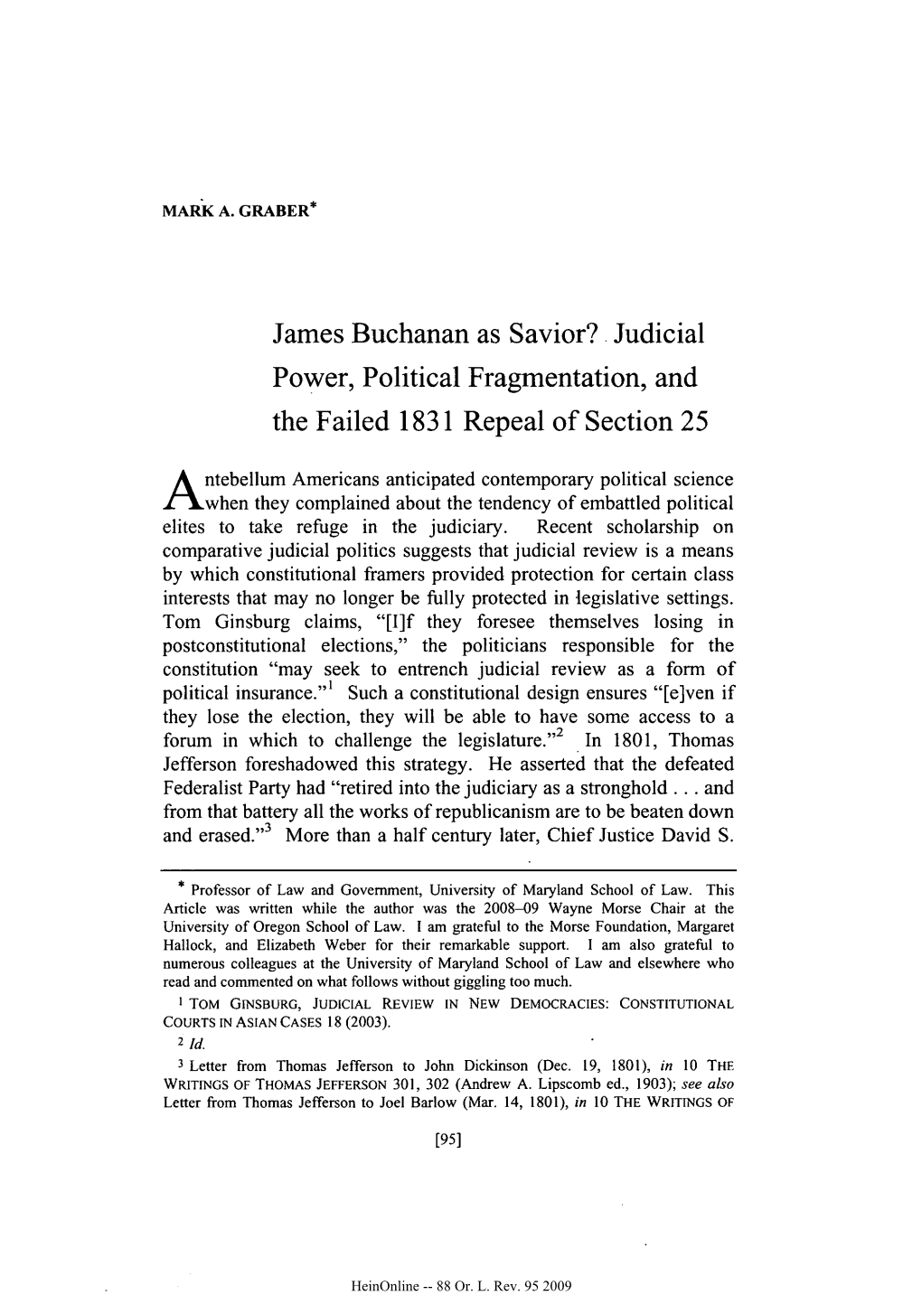 James Buchanan As Savior? Judicial Power, Political Fragmentation, and the Failed 1831 Repeal of Section 25