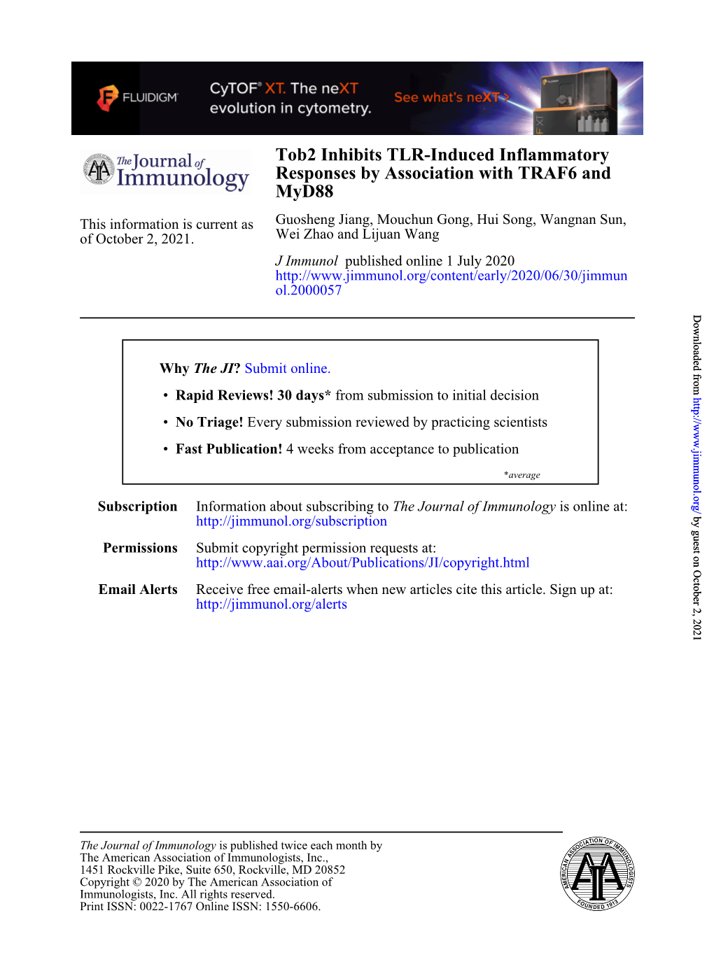 Tob2 Inhibits TLR-Induced Inflammatory Responses by Association with TRAF6 and Myd88